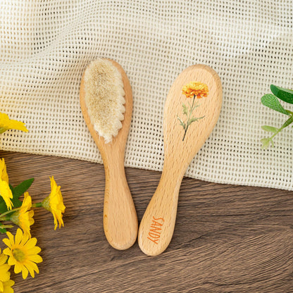 Personalized Baby Hair Brush Comb Set: Engraved Beech Wood, Birth Flower