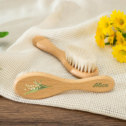 Personalized Baby Hair Brush Comb Set: Engraved Beech Wood, Birth Flower