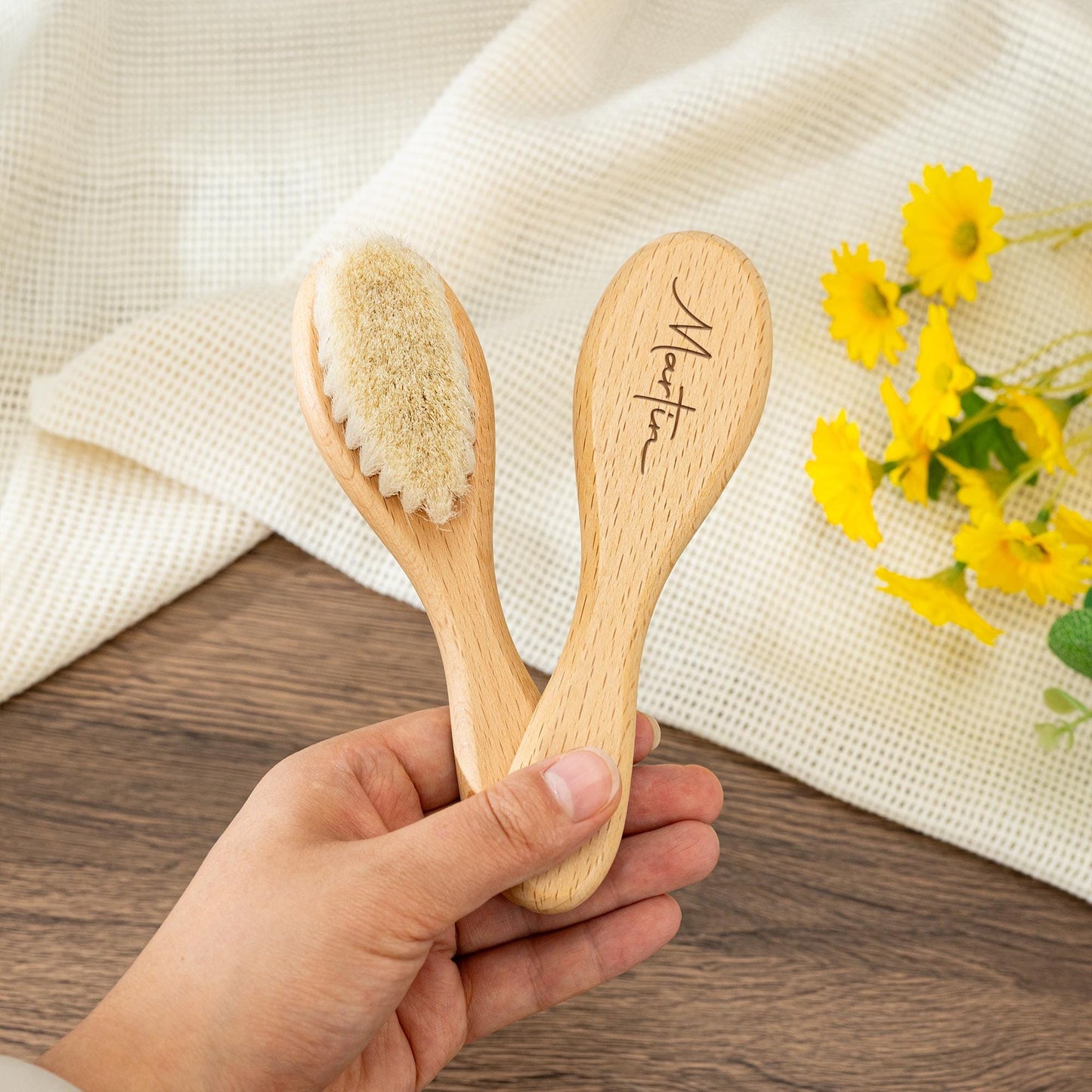 Baby Name Brush with Cute Animal,Personalized Wooden Baby Hairbrush