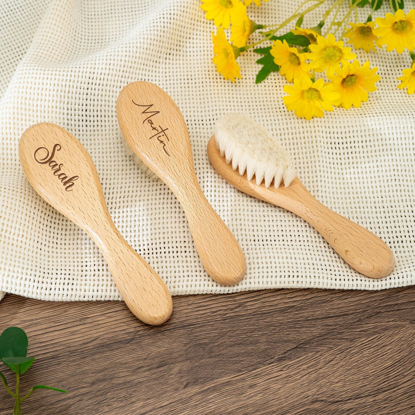 Baby Name Brush with Cute Animal,Personalized Wooden Baby Hairbrush