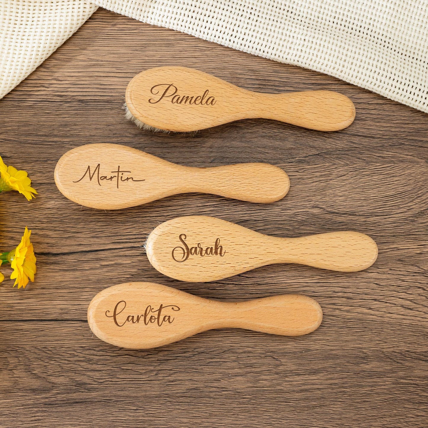 Baby Name Brush with Cute Animal,Personalized Wooden Baby Hairbrush