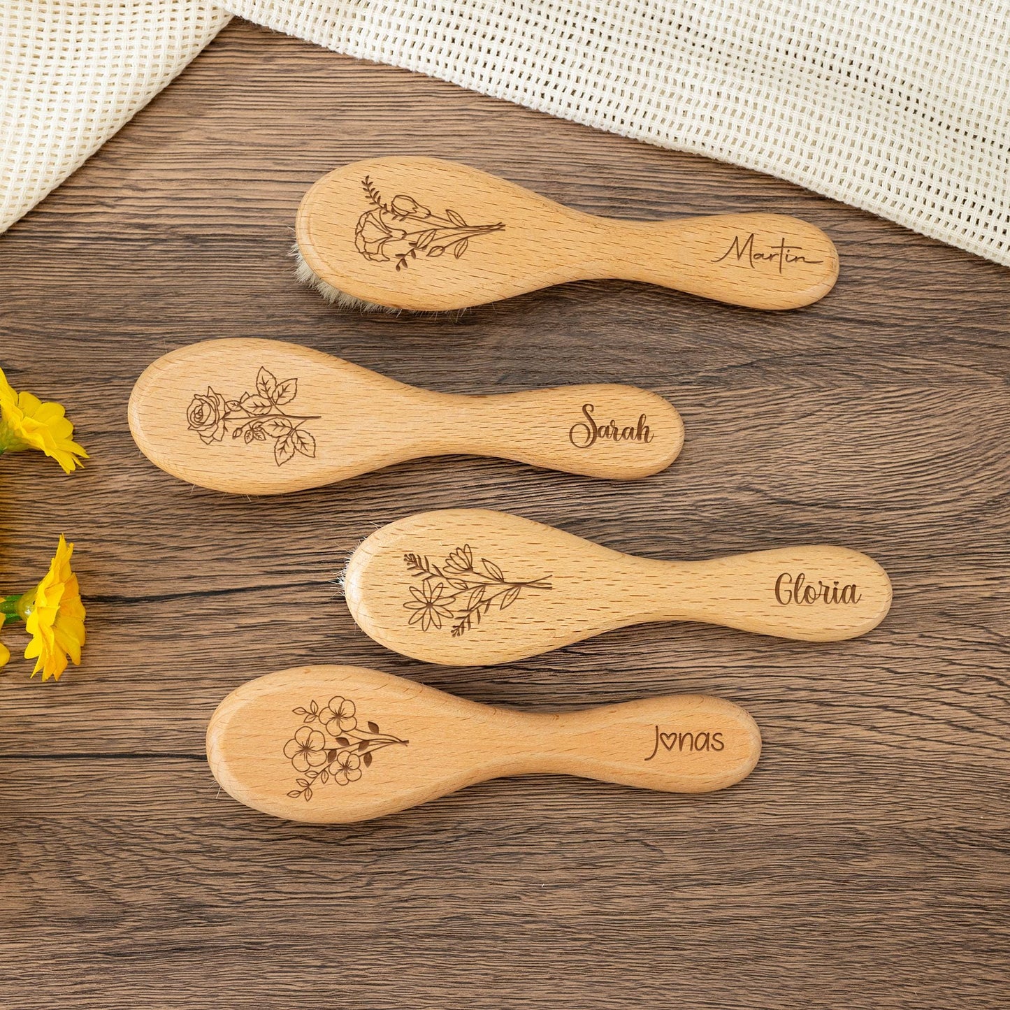 Personalized Floral Baby Hairbrush: Beech Wood & Wool Bristles