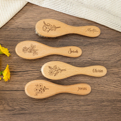 Personalized Floral Baby Hairbrush: Beech Wood & Wool Bristles
