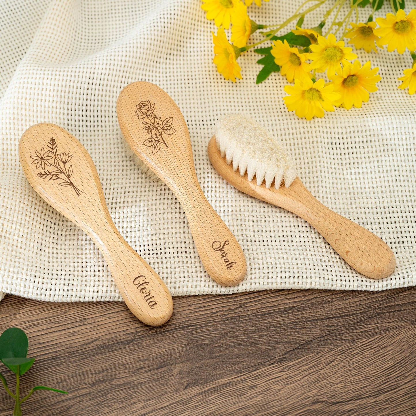 Personalized Floral Baby Hairbrush: Beech Wood & Wool Bristles