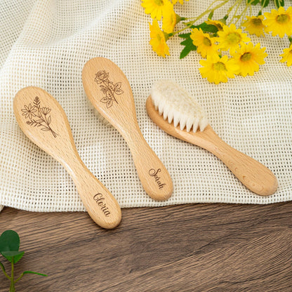Personalized Floral Baby Hairbrush: Beech Wood & Wool Bristles