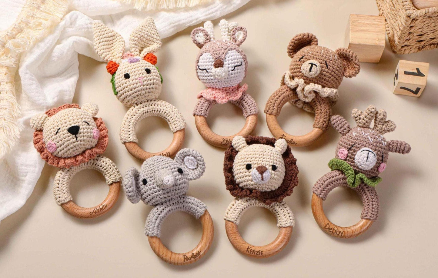 Personalized Baby Rattle, Name Engraving Rattle, Wooden Animal Rattle, Custom Crochet Rattle With Name, Baby Shower Gift, Newborn Gift