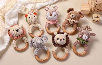 Personalized Baby Rattle, Name Engraving Rattle, Wooden Animal Rattle, Custom Crochet Rattle With Name, Baby Shower Gift, Newborn Gift