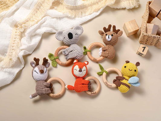 Custom Crochet Rattle,Personalized baby Rattle With Name,Engraved Wooden Animal Crochet Rattle,Handmade Rattle, Baby Shower & Newborn Gift