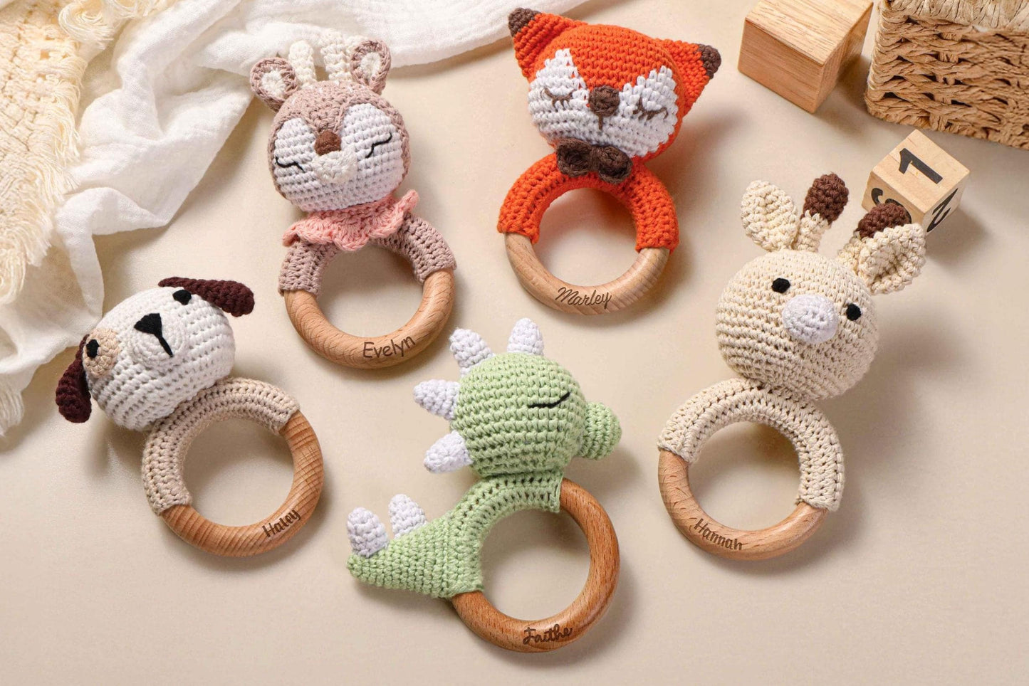 Custom Crochet Rattle,Personalized baby Rattle With Name,Engraved Wooden Animal Crochet Rattle,Handmade Rattle, Baby Shower & Newborn Gift