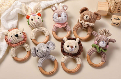 Custom Crochet Rattle,Personalized baby Rattle With Name,Engraved Wooden Animal Crochet Rattle,Handmade Rattle, Baby Shower & Newborn Gift