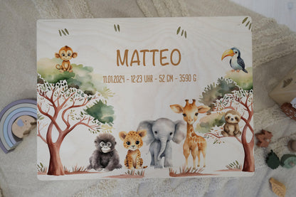 Baby Shower Gift Personalized - Safari Memory Box with Name, Birth or Baptism Gift Newborn, FSC Birch Wood Keepsake Box