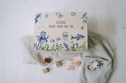 Baptism Gift Personalized - Baby Memory Box Wooden with Name, Newborn Gift Boy or Girl, Ocean Theme FSC Birch, Baby Shower Gift