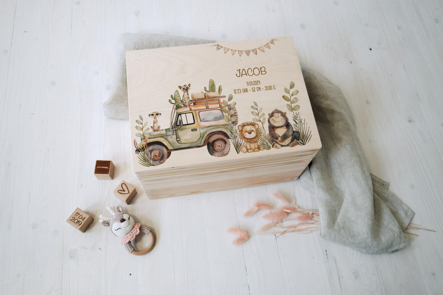 Baby Shower Gift Personalized - Memory Box Safari Animals with Name, Birth or Baptism Gift Newborn Boy Girl, FSC Birch Wood Keepsake Box
