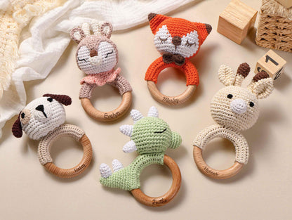 Personalized Baby Rattle, Name Engraving Rattle, Wooden Animal Rattle, Custom Crochet Rattle With Name, Baby Shower Gift, Newborn Gift