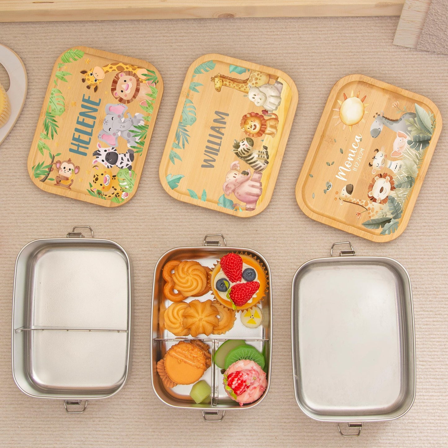 Personalized Stainless Steel Lunch Box for Children, School Picnic Snack Box, 1-3 Compartments Food Container, Kindergarten, Birthday Gifts