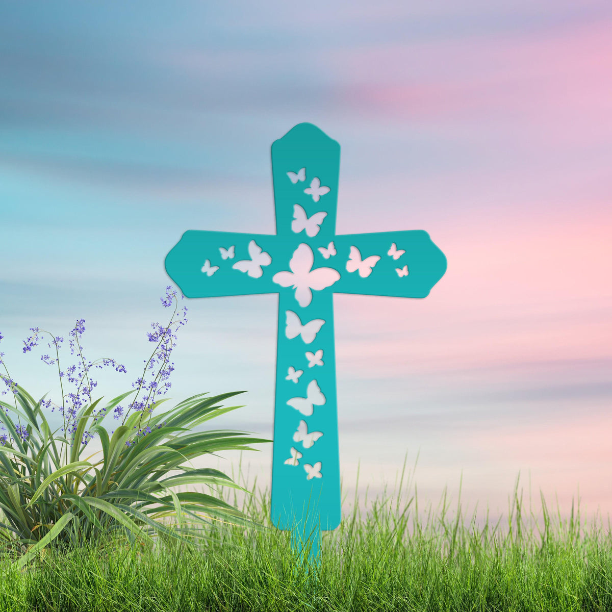 Cross Metal Yard Stake  with Butterflies,  Outdoor Christian Decor, Easter Decor, Mother's Day Gift
