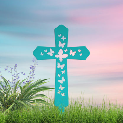 Cross Metal Yard Stake  with Butterflies,  Outdoor Christian Decor, Easter Decor, Mother's Day Gift