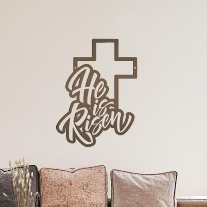Easter Home Decor - He is Risen Cross Metal Sign - Christian Wall Art - Unique Holiday Decoration - Outdoor Spring Signs - Cute Easter Gift