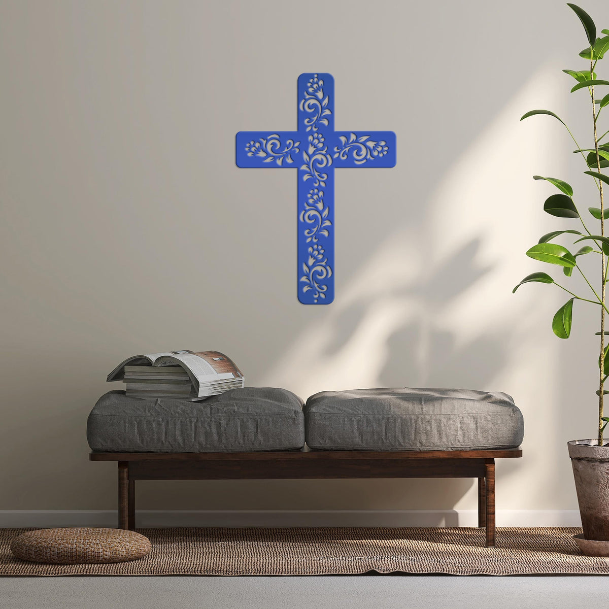 Christian Wall Decor, Metal Cross With Flowered Vines Design, Great
