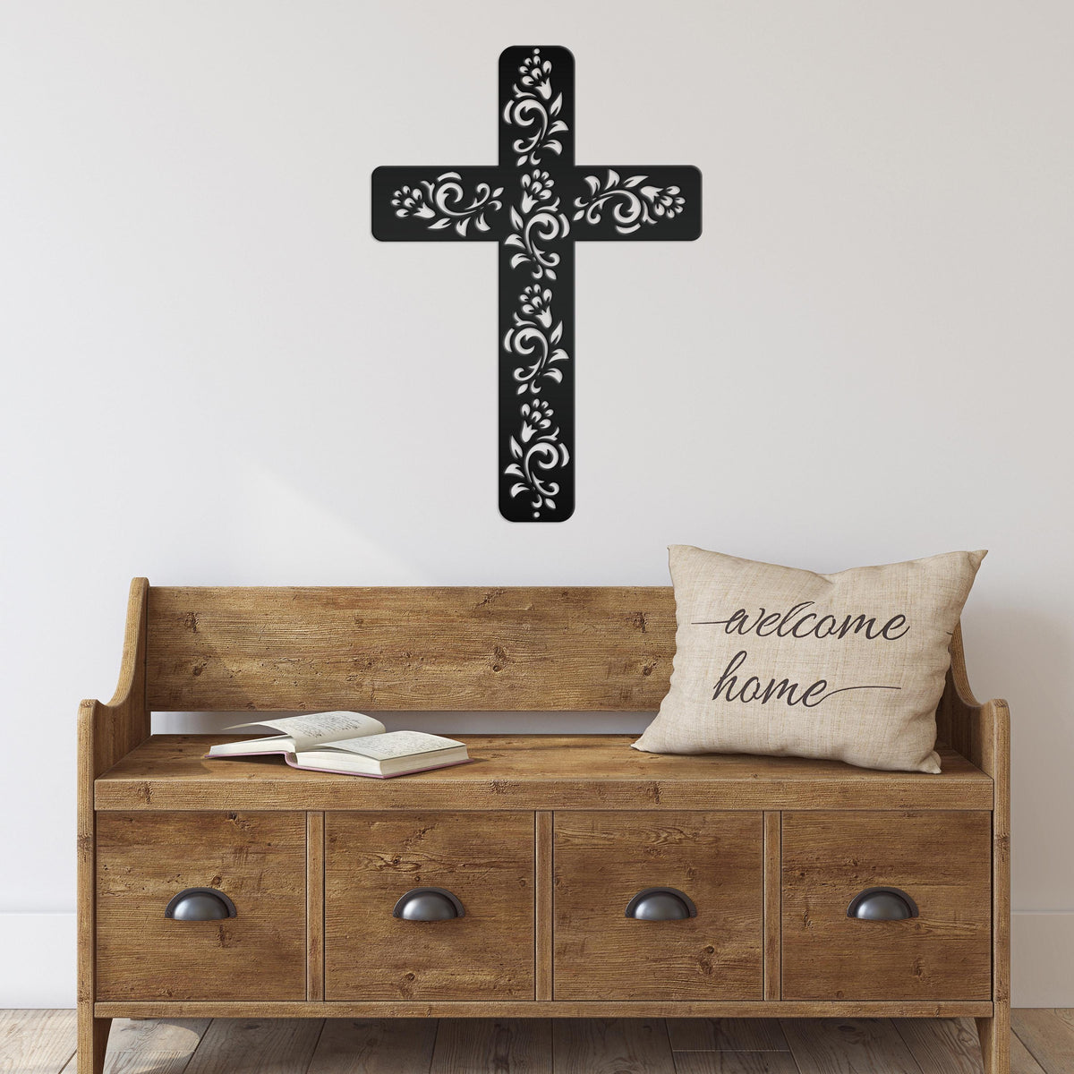 Christian Wall Decor, Metal Cross With Flowered Vines Design, Great