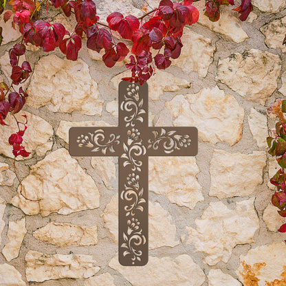 Christian Wall Decor, Metal Cross With Flowered Vines Design, Great