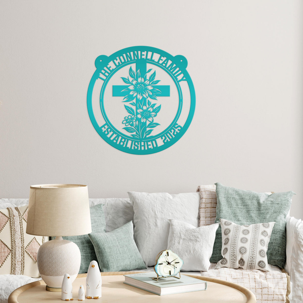 Memorial Metal Sign with Floral Christian Cross - Family Name Wall Hanging - Faith Inspired Home Decor - Custom Door Hanger - Gift for Her