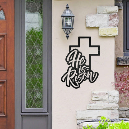 Easter Home Decor - He is Risen Cross Metal Sign - Christian Wall Art - Unique Holiday Decoration - Outdoor Spring Signs - Cute Easter Gift