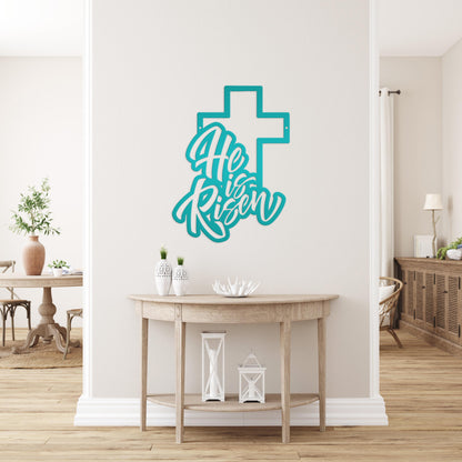 Easter Home Decor - He is Risen Cross Metal Sign - Christian Wall Art - Unique Holiday Decoration - Outdoor Spring Signs - Cute Easter Gift