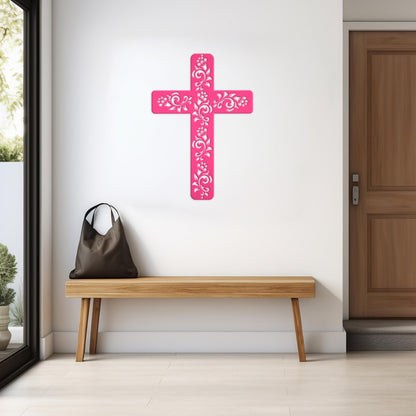 Christian Wall Decor, Metal Cross With Flowered Vines Design, Great