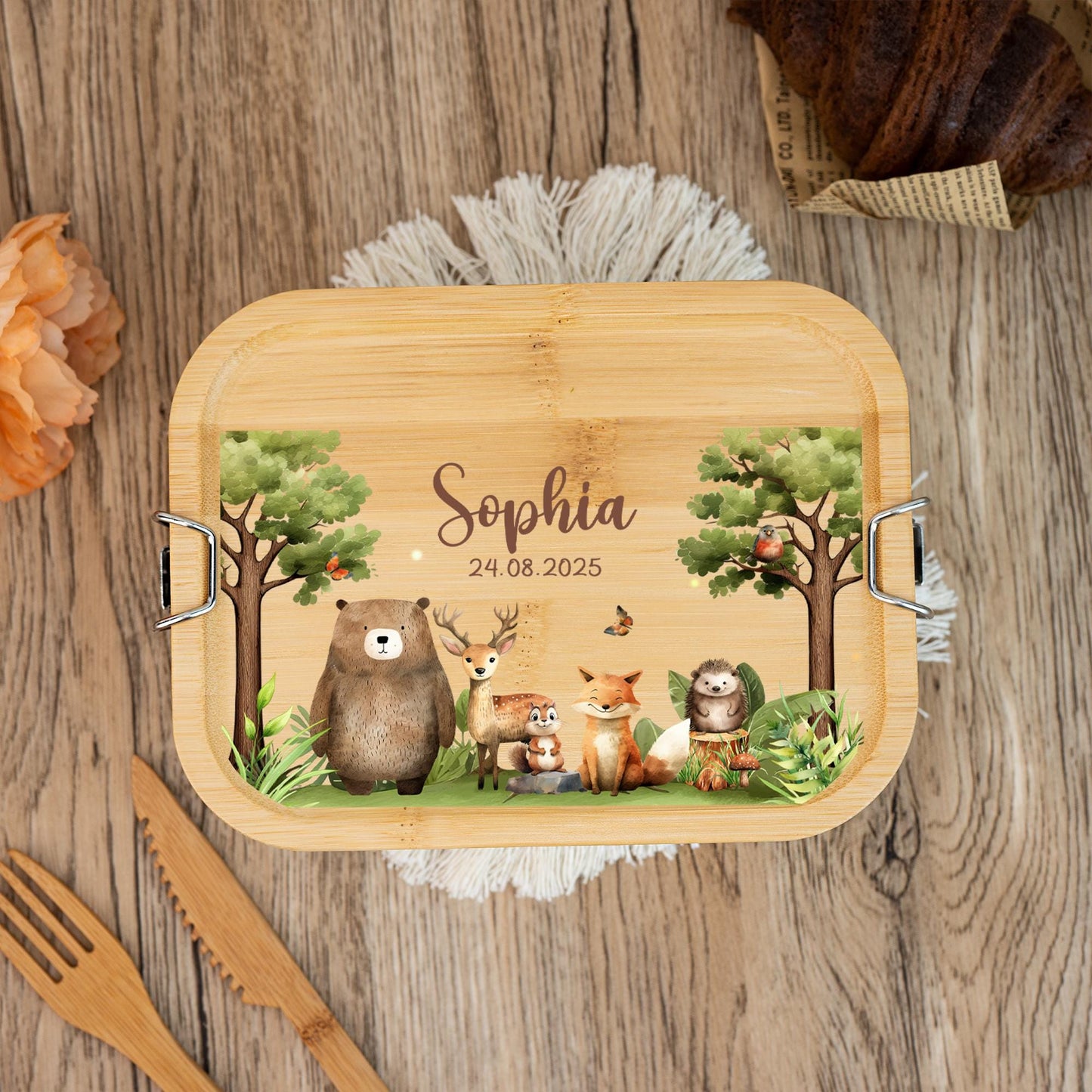 Personalized Lunch Box for Boy and Girl, Stainless Steel Lunch Box with Name, Wooden Lid Snack Box, Back to School Gift, Child Birthday Gift