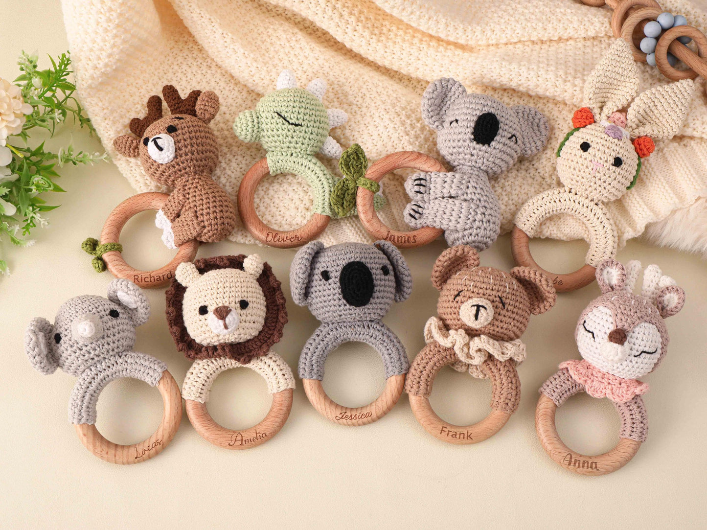 Personalized Baby Rattle, Name Engraving Rattle, Wooden Animal Rattle, Custom Crochet Rattle With Name, Baby Shower Gift, Newborn Gift