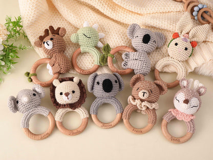 Personalized Baby Rattle, Name Engraving Rattle, Wooden Animal Rattle, Custom Crochet Rattle With Name, Baby Shower Gift, Newborn Gift