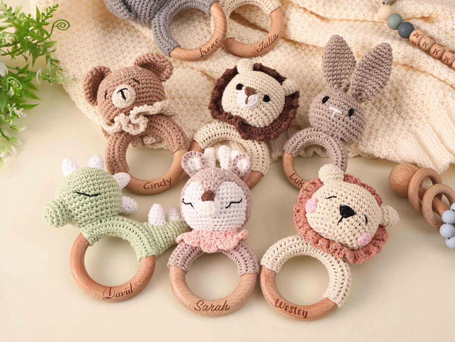 Personalized Baby Rattle, Name Engraving Rattle, Wooden Animal Rattle, Custom Crochet Rattle With Name, Baby Shower Gift, Newborn Gift