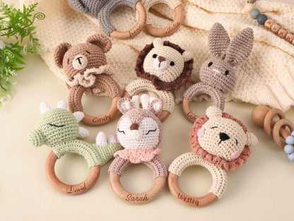 Personalized Baby Rattle, Name Engraving Rattle, Wooden Animal Rattle, Custom Crochet Rattle With Name, Baby Shower Gift, Newborn Gift