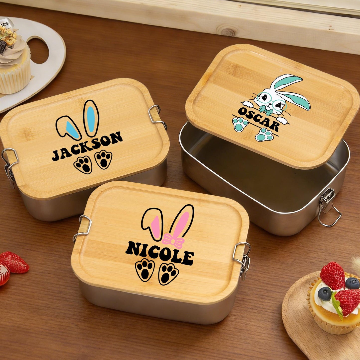 Custom Easter Bunny Rabbit Lunch Box With Name, Kids Lunch Box, Easter Basket, Personalized Stainless Steel Lunch Box, Gift for Her and Him
