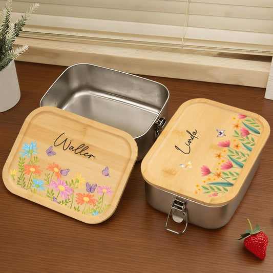 Personalized Name Stainless Steel Lunch Box | Wooden Lid Snack Box | Custom Food Container for Her Him Kindergarten