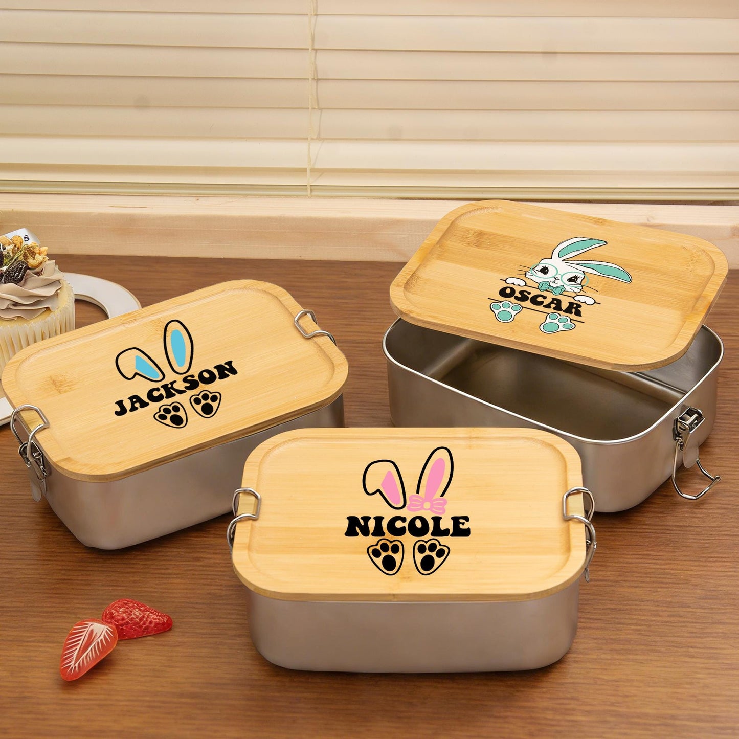 Custom Easter Bunny Rabbit Lunch Box With Name, Kids Lunch Box, Easter Basket, Personalized Stainless Steel Lunch Box, Gift for Her and Him