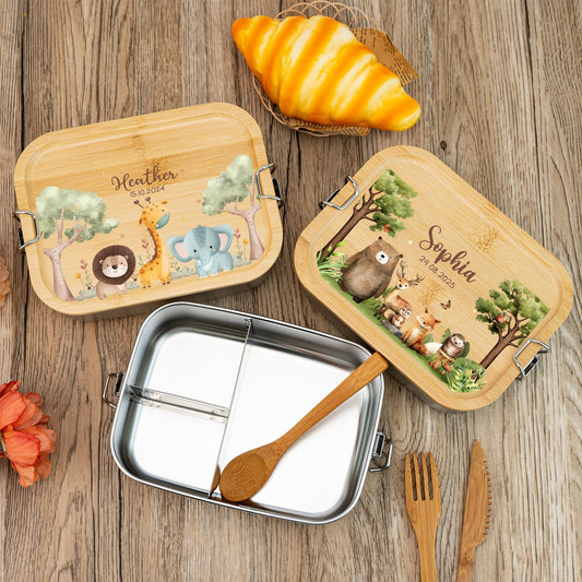 Personalized Animal Stainless Steel Lunch Box with Wooden Lid | Back to School & Birthday Gift for Niece/Her