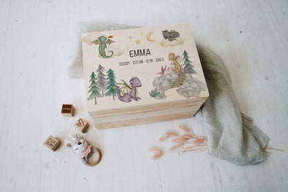 Baby Shower Gift Personalized - Dragon Memory Box Wooden with Name, Newborn Gift Boy or Girl, Birth or Baptism Keepsake Box FSC Birch