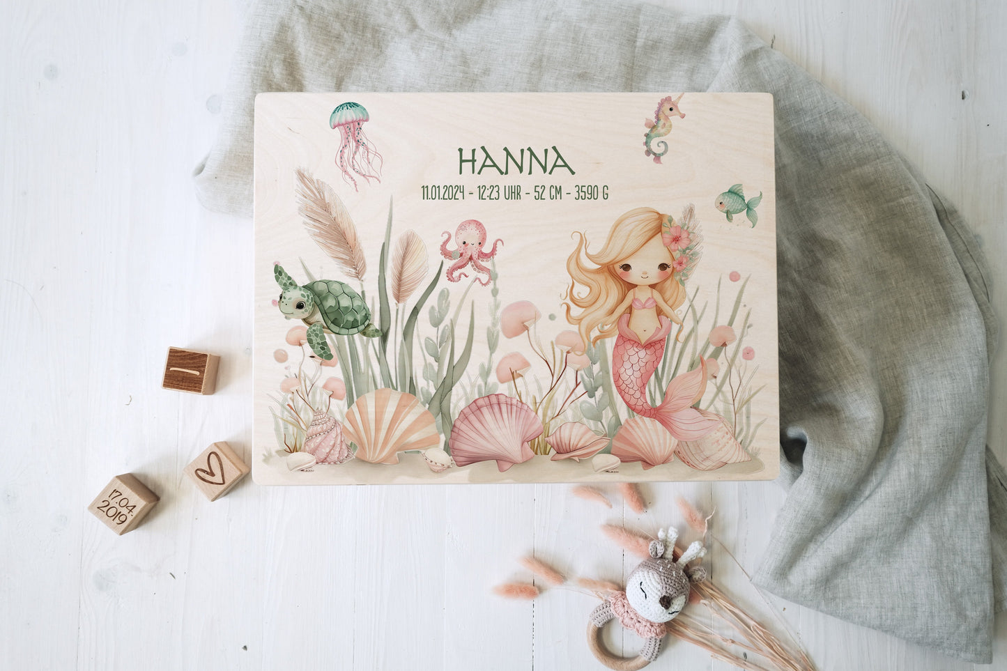 Baby Shower Gift Girl Personalized - Mermaid Memory Box with Name, Birthday or Baptism Gift, FSC Birch Wood Keepsake Box Small or Large