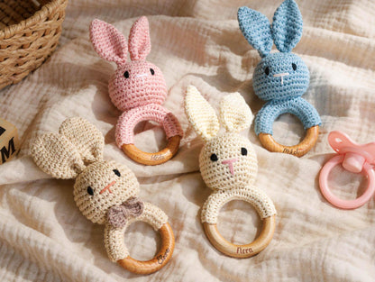 Personalized Crochet Animal Baby Rattle, Wooden Grasping Toy, Laser Engraved Rattle