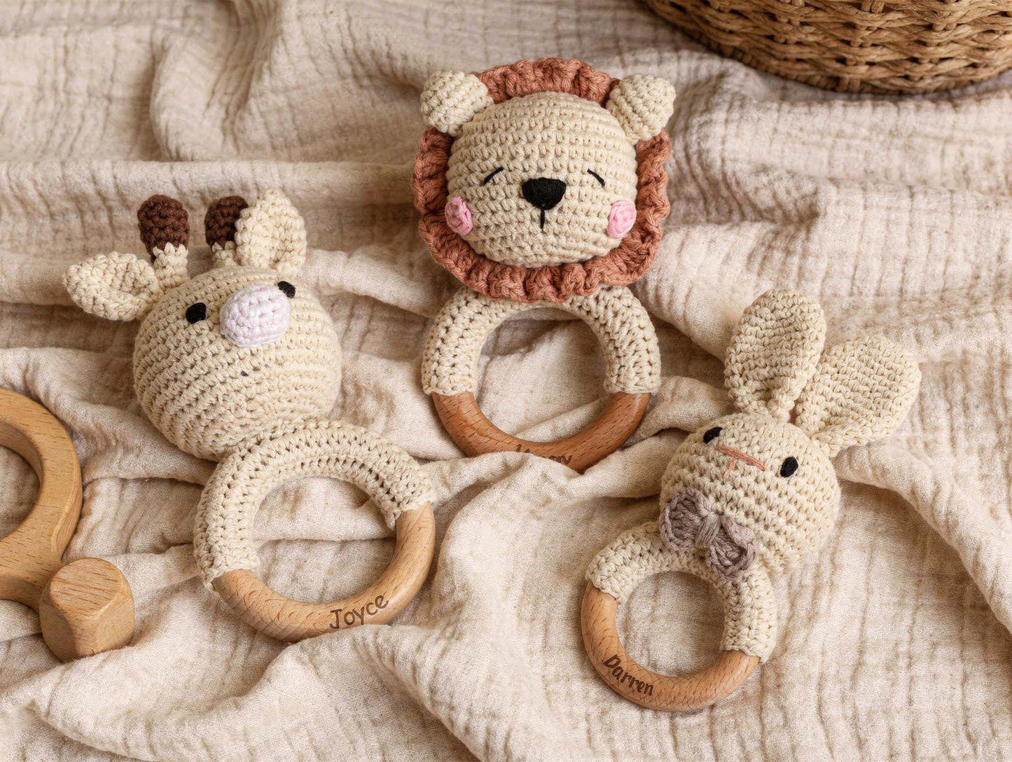 Personalized Crochet Animal Baby Rattle, Wooden Grasping Toy, Laser Engraved Rattle