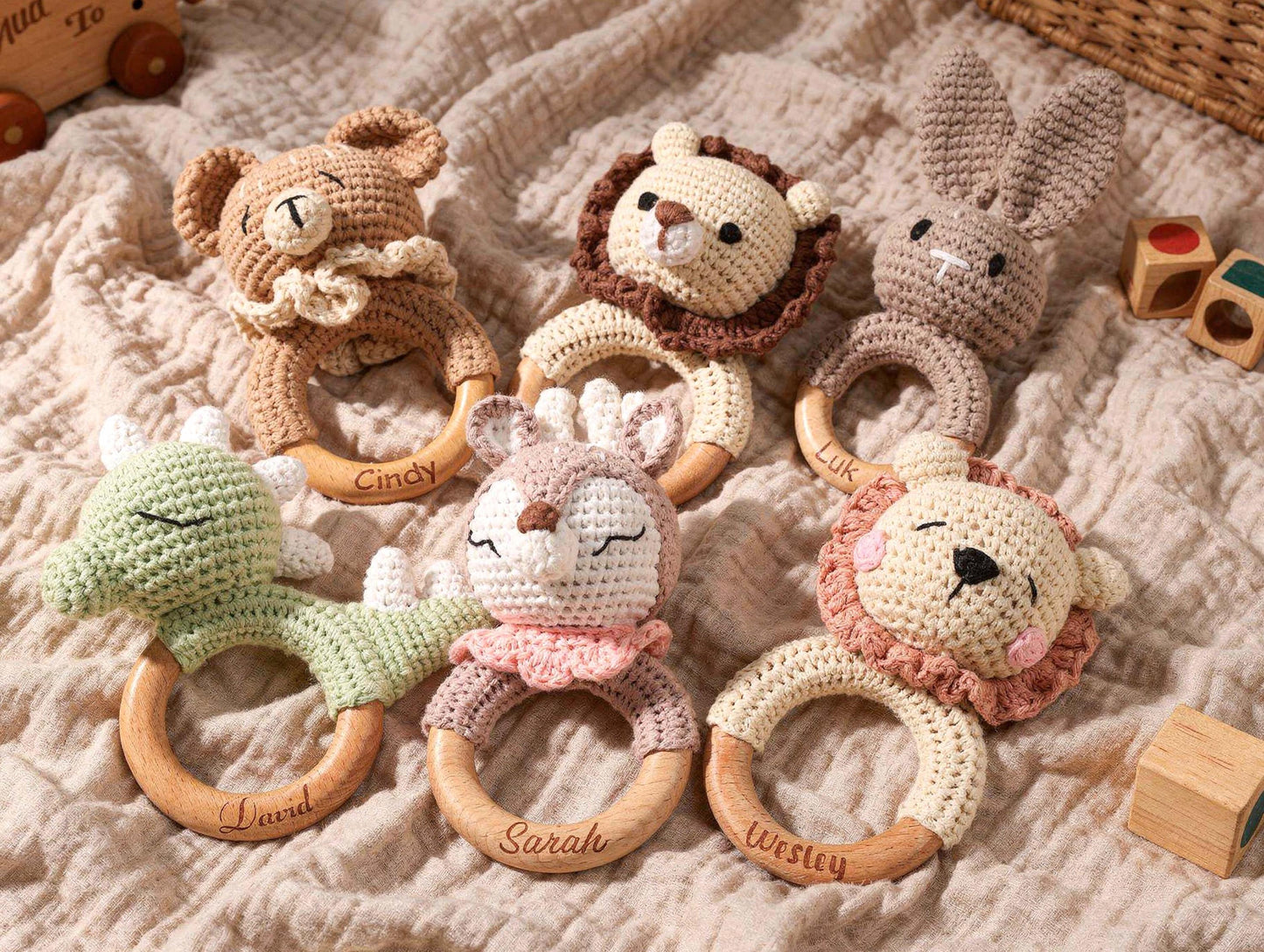 Personalized Crochet Animal Baby Rattle, Wooden Grasping Toy, Laser Engraved Rattle