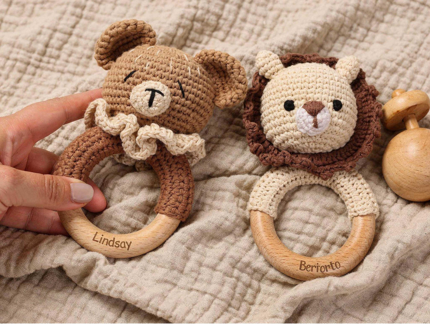 Personalized Crochet Animal Baby Rattle, Wooden Grasping Toy, Laser Engraved Rattle