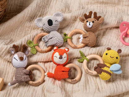 Personalized Crochet Animal Baby Rattle, Wooden Grasping Toy, Laser Engraved Rattle