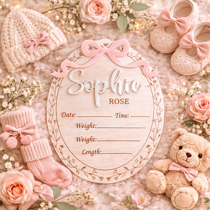 Cute Baby Girl Birth Announcement Sign, Bow Birth Stat Keepsake, Birth Announcement, Name Sign Announcement Plaque with Bow