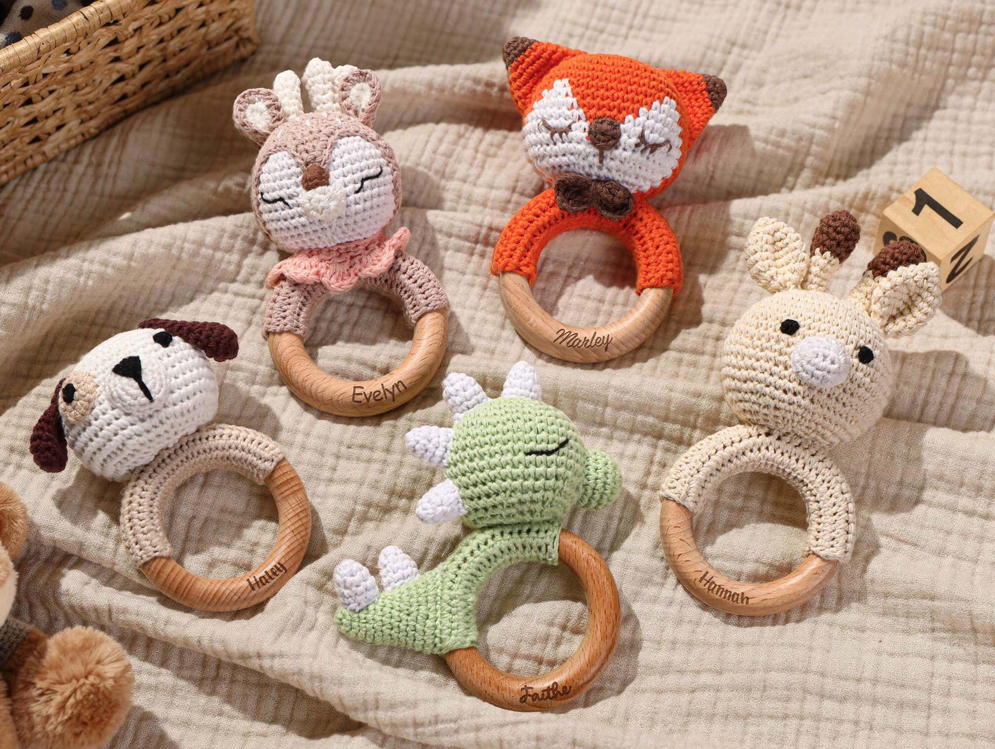 Personalized Crochet Animal Baby Rattle, Wooden Grasping Toy, Baby Shower Gift