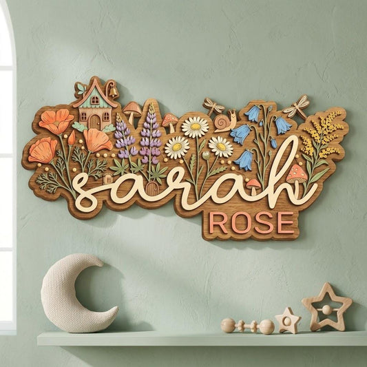 Personalized Floral Wooden Name Sign, Custom Baby Name Wall Decor, Wildflower Nursery Decor, Cottagecore Kids Room Sign, Girl Name Sign Gift