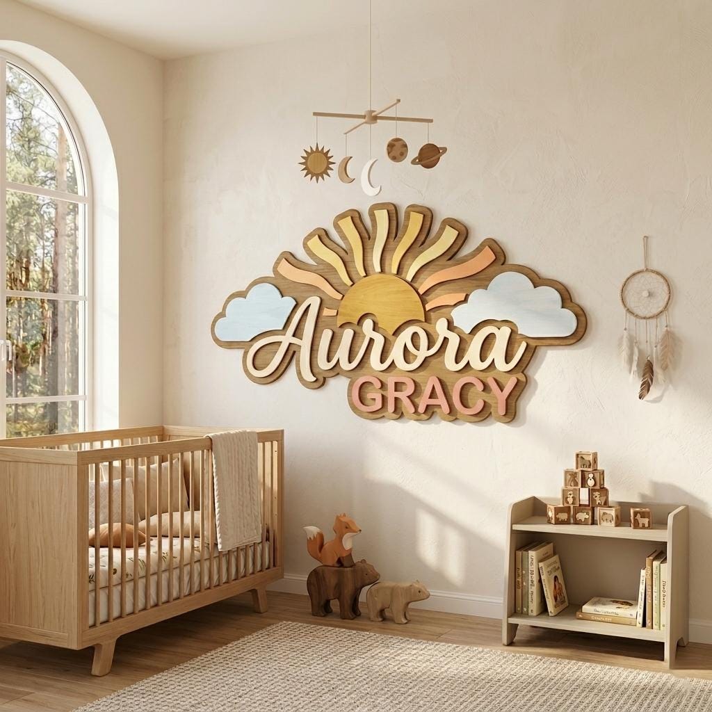 Personalized Sun Wooden Name Sign, Custom Baby Name Wall Decor, Boho Nursery Decor, Sunshine Kids Room Sign, Girl Name Sign Gift