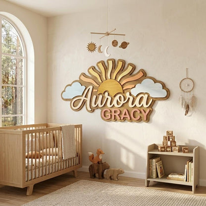 Personalized Sun Wooden Name Sign, Custom Baby Name Wall Decor, Boho Nursery Decor, Sunshine Kids Room Sign, Girl Name Sign Gift